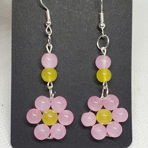 Handmade Pink Yellow Beaded Glass Flower Earrings